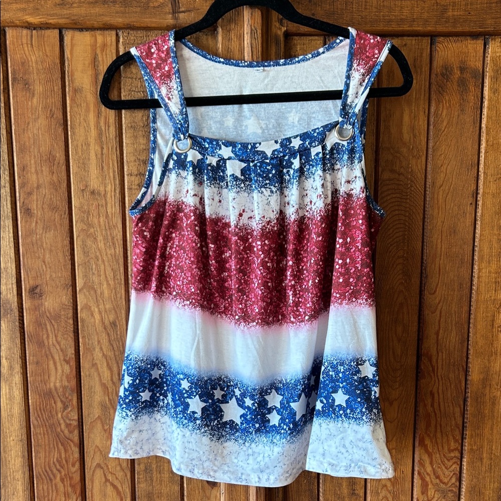 Sleeveless Star-Print Tank Top - Red, White & Blue. Medium